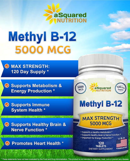 Vitamin B12 - 5000 MCG Supplement with Methylcobalamin (Methyl B-12) - 120 | Max Strength B12 Vitamins - 120 Tablets - Methylated Vit B 12 Support for Men & Women - Help Boost Energy & Brain Health