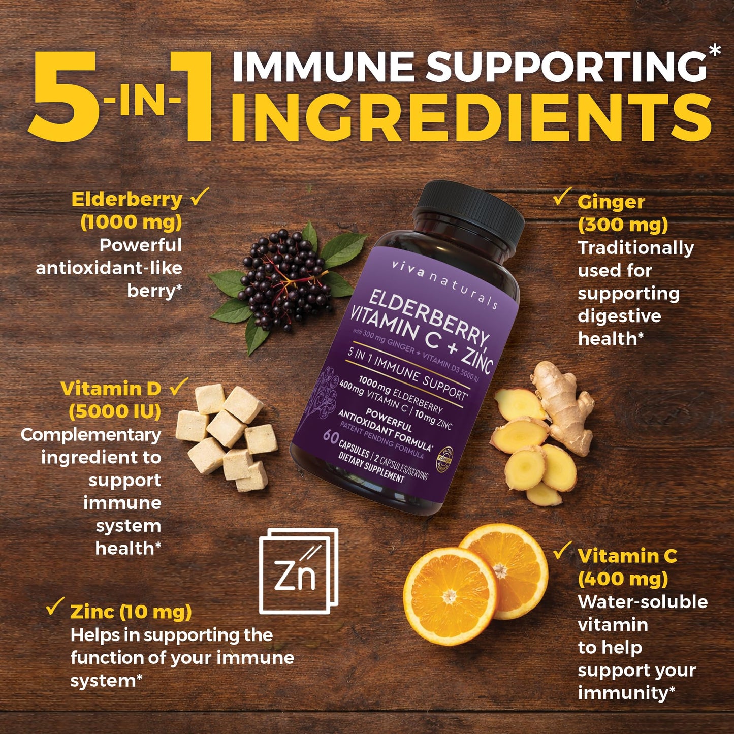 Viva Naturals Elderberry with Vitamin C and Zinc for Adults - 5 in 1 Sambucus Black Elderberry Capsules with Vitamin D3 5000 IU Immunity Supplement, Sambucus Elderberry Immune Support Supplement
