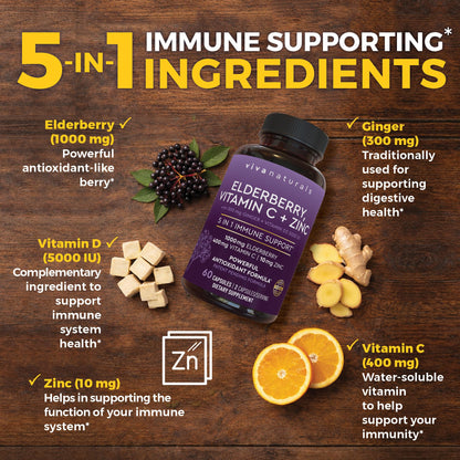 Viva Naturals Elderberry with Vitamin C and Zinc for Adults - 5 in 1 Sambucus Black Elderberry Capsules with Vitamin D3 5000 IU Immunity Supplement, Sambucus Elderberry Immune Support Supplement