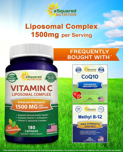 aSquared Nutrition Vitamin C Liposomal Complex - 1500mg Supplement - 180 Capsules - High Absorption VIT C Ascorbic Acid Pills - Supports Immune System & Collagen Health - 90 Servings