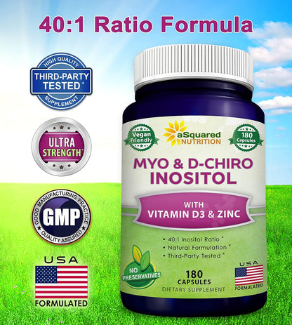 aSquared Nutrition Myo-Inositol & D-Chiro Inositol Supplement - 180 Capsules - Plus Vitamin D3 and Zinc - Myo & D-Chiro Inositol 40 to 1 Ratio - VIT B8 Complex Pills