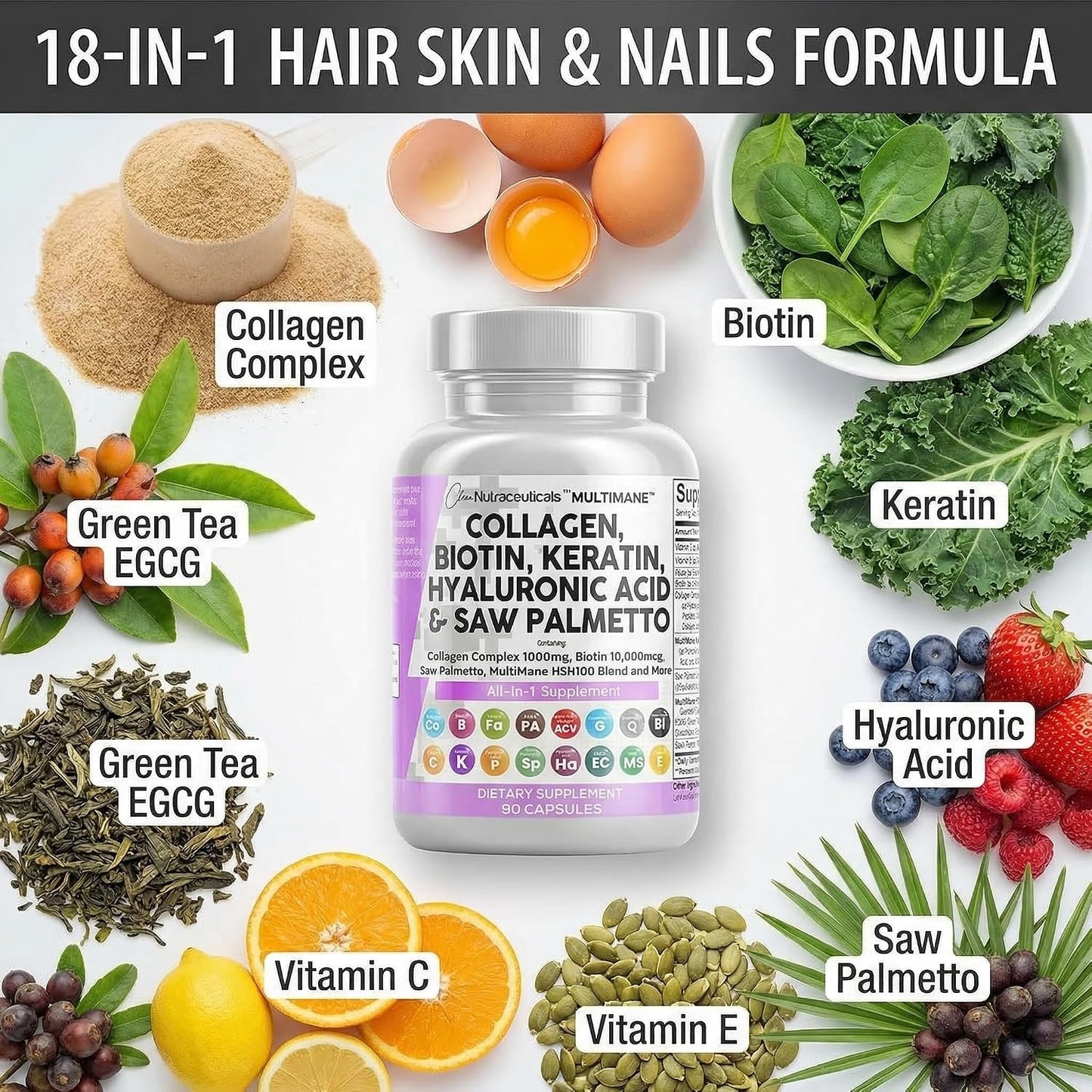 Clean Nutraceuticals Collagen Pills 1000mg Biotin 10000mcg Keratin Saw Palmetto Hyaluronic Acid - Hair Skin & Nails Vitamins & DHT Blocker with Vitamin E Folic Acid Pumpkin Seed MSM - 90 Count