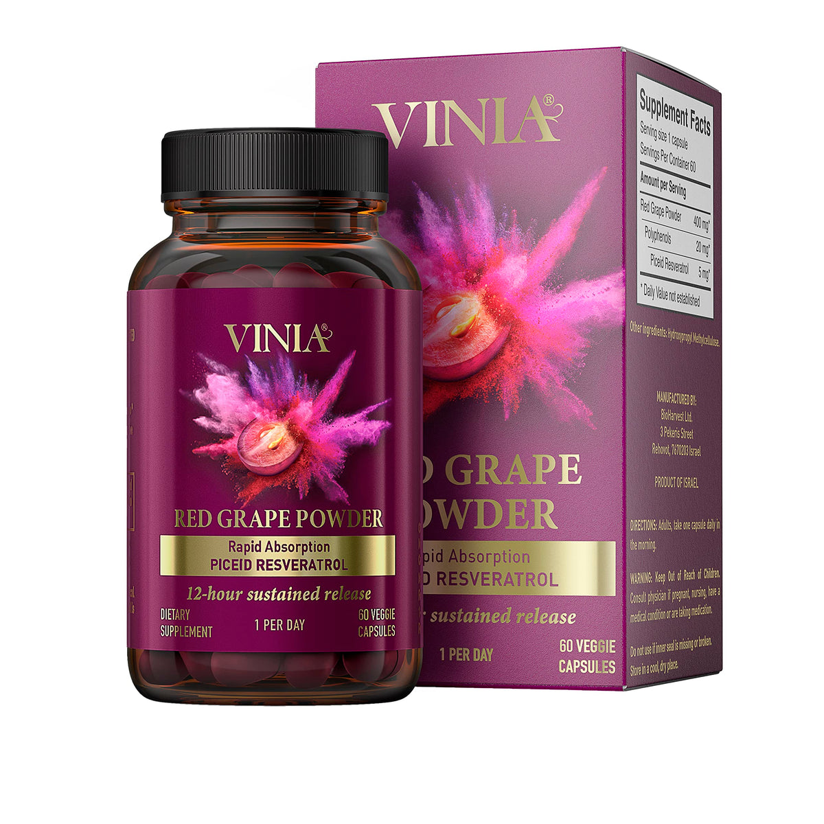 VINIA 12-Hour Sustained Release Piceid Resveratrol Supplement. Nitric Oxide Supplement
