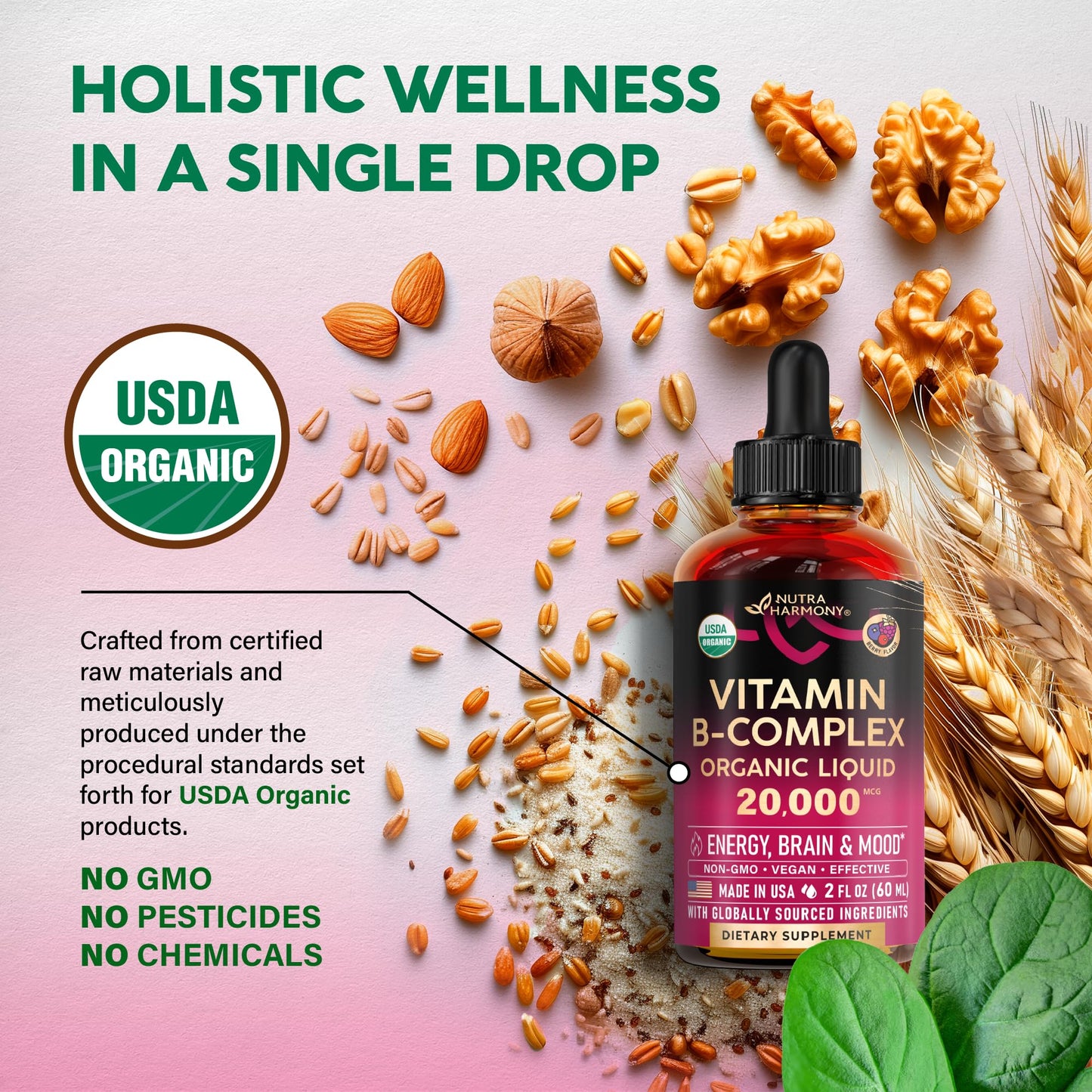 USDA Organic Vitamin B-Complex B5 Pantothenic Acid | B12 Methylcobalamin | B1 Thiamine | B6 Pyridoxine | B7 Biotin | B9 Folic | B3 Niacinamide - B Complex Liquid Drops, Natural Berry Flavor, 2fl oz