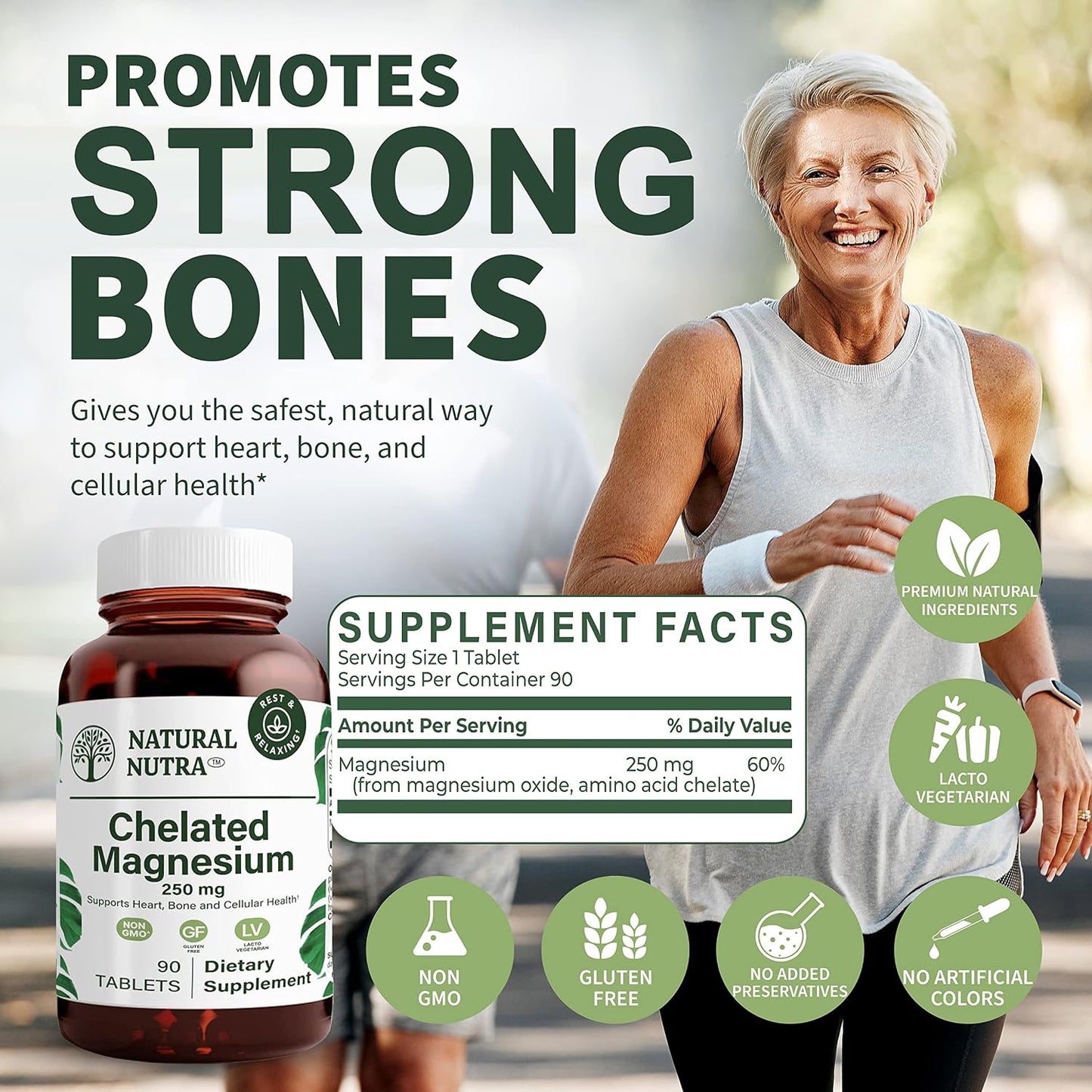 Natural Nutra Chelated Magnesium Oxide 250mg- High Absorption for Strong Bones, Heart Health, Improves Dental Health, Energy Boost, Gluten-Free, Non-GMO, 90Tablets in BPA-Free Recyclable Glass Bottles