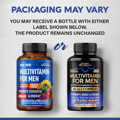 Multivitamin for Men - B-Complex | Whole Foods & Enzymes - Energy, Focus & Brain | Men's Health Complex - 46in1 Mens Multivitamin - Bioavailable & Gentle on Stomach - Lab Tested - 90 Capsules, 1/Day