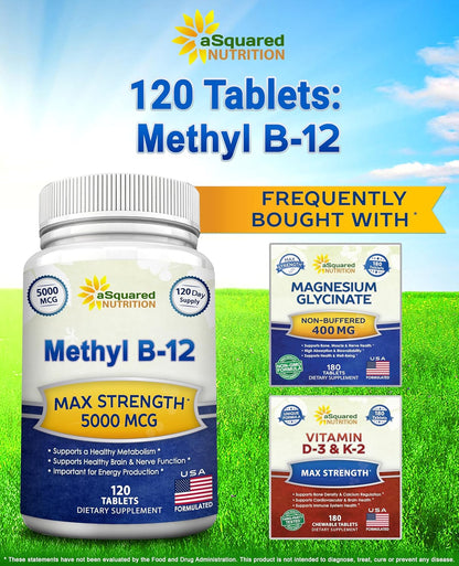 Vitamin B12 - 5000 MCG Supplement with Methylcobalamin (Methyl B-12) - 120 | Max Strength B12 Vitamins - 120 Tablets - Methylated Vit B 12 Support for Men & Women - Help Boost Energy & Brain Health