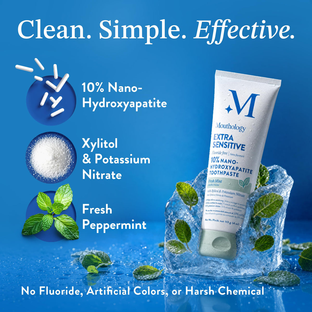 Mouthology 10% Nano Hydroxyapatite Toothpaste Fluoride Free, Whitening*, Rod Shaped nHA, Xylitol Toothpaste for Adults, Enamel Care*, Sensitive Teeth*, SLS Free, Mint 4oz (USA Made) Package May Vary