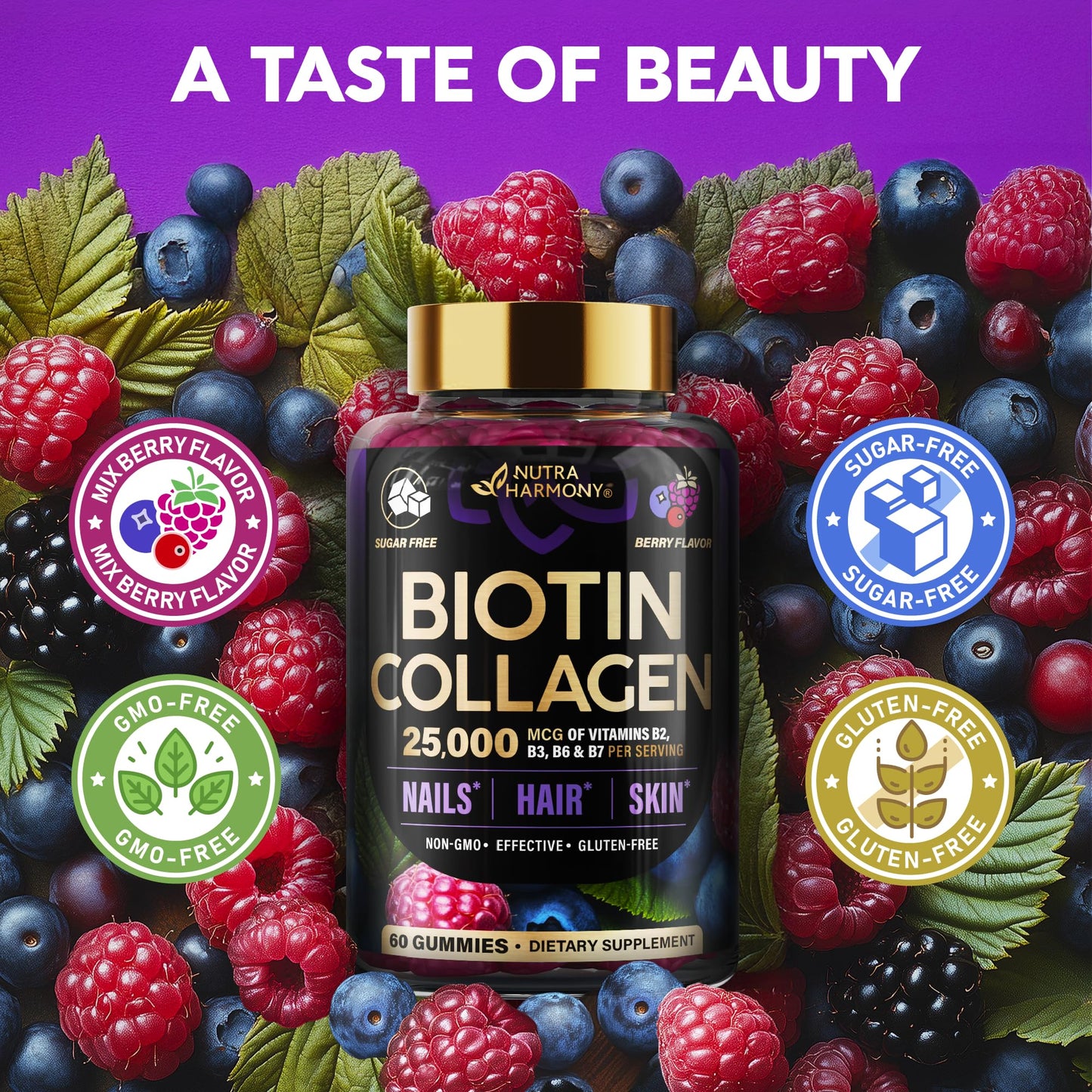 Biotin Gummies with Collagen - Hair Growth Support, Skin, & Nail Strength - for Women & Men - Biotin 10000mcg | Keratin | Hyaluronic Acid | B-Complex | Nettle - Sugar-Free, Mixed Berry, 60 Gummies