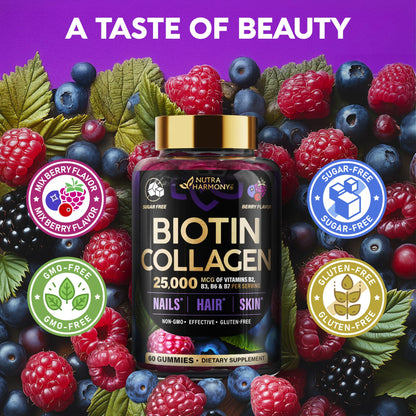 Biotin Gummies with Collagen - Hair Growth Support, Skin, & Nail Strength - for Women & Men - Biotin 10000mcg | Keratin | Hyaluronic Acid | B-Complex | Nettle - Sugar-Free, Mixed Berry, 60 Gummies