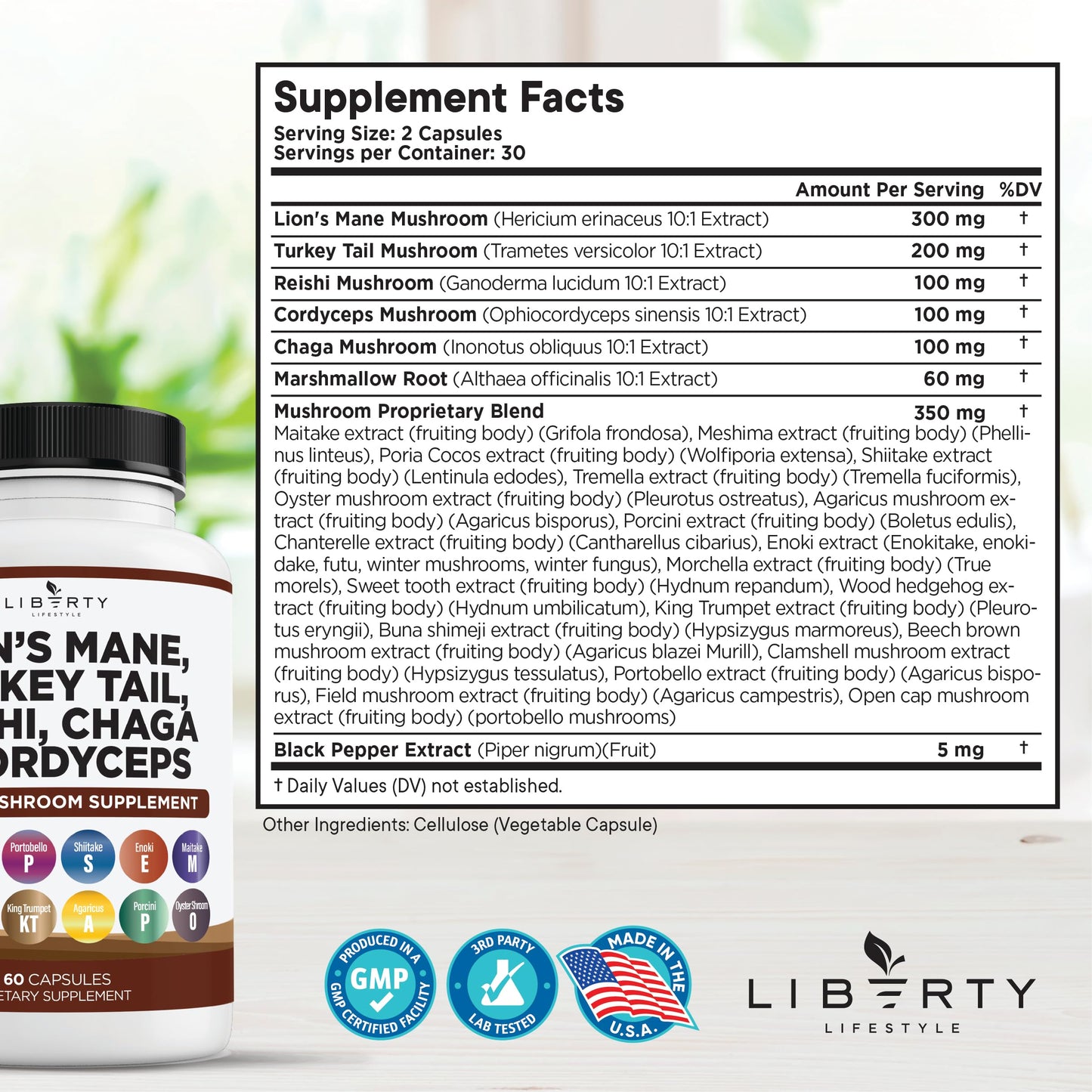 Liberty Lifestyle Lions Mane Mushroom Supplement with Turkey Tail Reishi Cordyceps Chaga with Marshmallow Root - 2-Pack