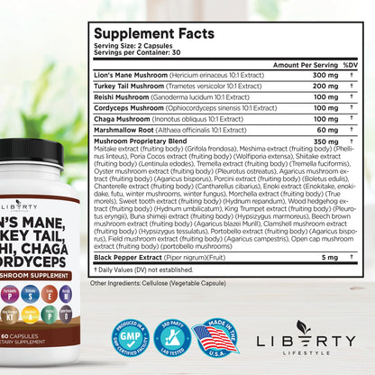 Liberty Lifestyle Lions Mane Mushroom Supplement with Turkey Tail Reishi Cordyceps Chaga with Marshmallow Root - 2-Pack