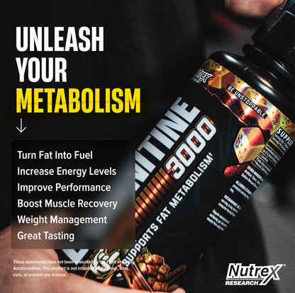 Nutrex Research L Carnitine 3000 - Clinically Dosed L-Carnitine Liquid for Energy, Metabolism & Muscle Recovery - Delicious Strawberry Watermelon - No Sugar, No Carbs, No Stimulants - 31 Servings