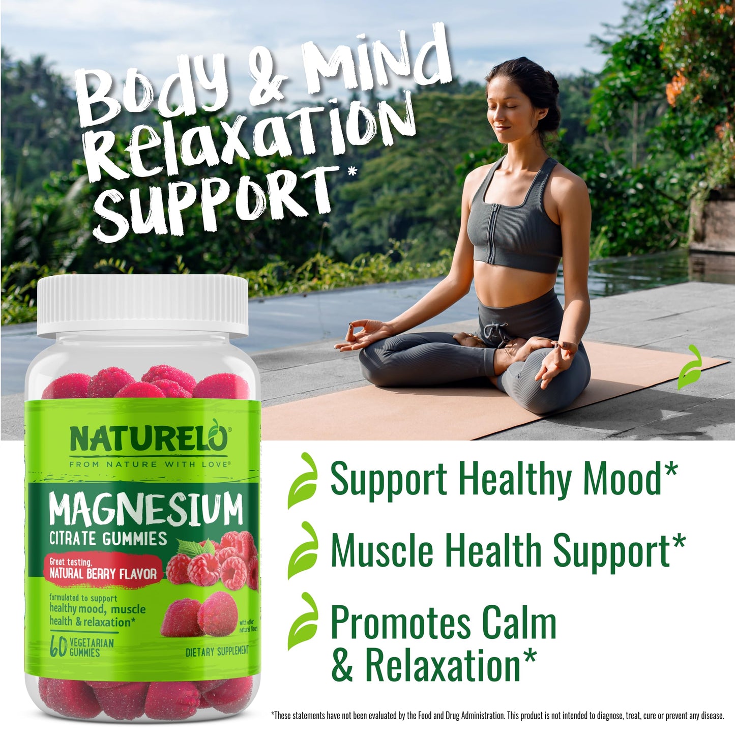 NATURELO Magnesium Citrate Gummies - for Calm & Relaxation Support, Natural Berry Magnesium Gummies, 60 Vegetarian Gummies