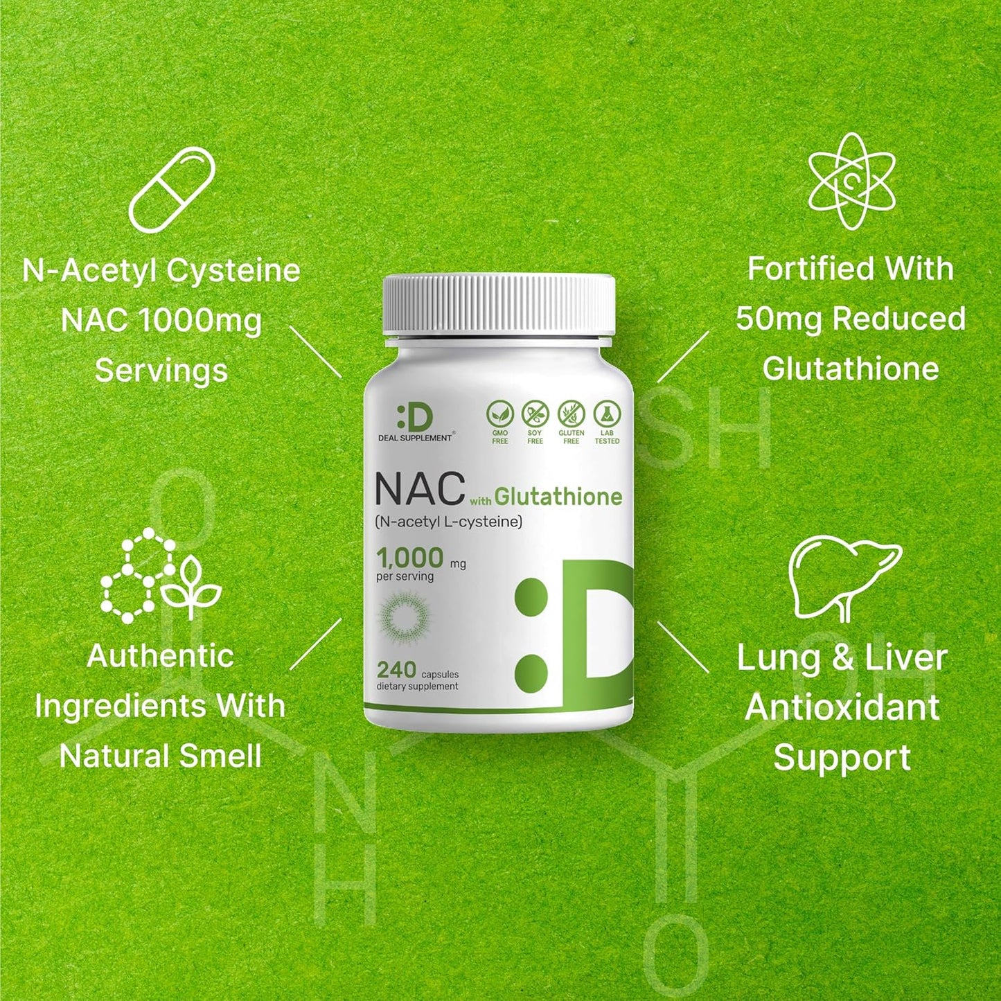 DEAL SUPPLEMENT NAC Supplement (N-Acetyl Cysteine) 1,000mg Per Serving with Reduced Glutathione, 240 Capsules – Antioxidant Support for Immune Health, Lung, & Liver Function