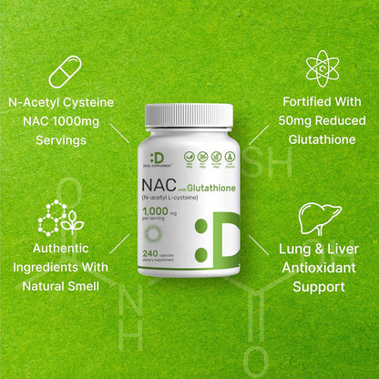 DEAL SUPPLEMENT NAC Supplement (N-Acetyl Cysteine) 1,000mg Per Serving with Reduced Glutathione, 240 Capsules – Antioxidant Support for Immune Health, Lung, & Liver Function