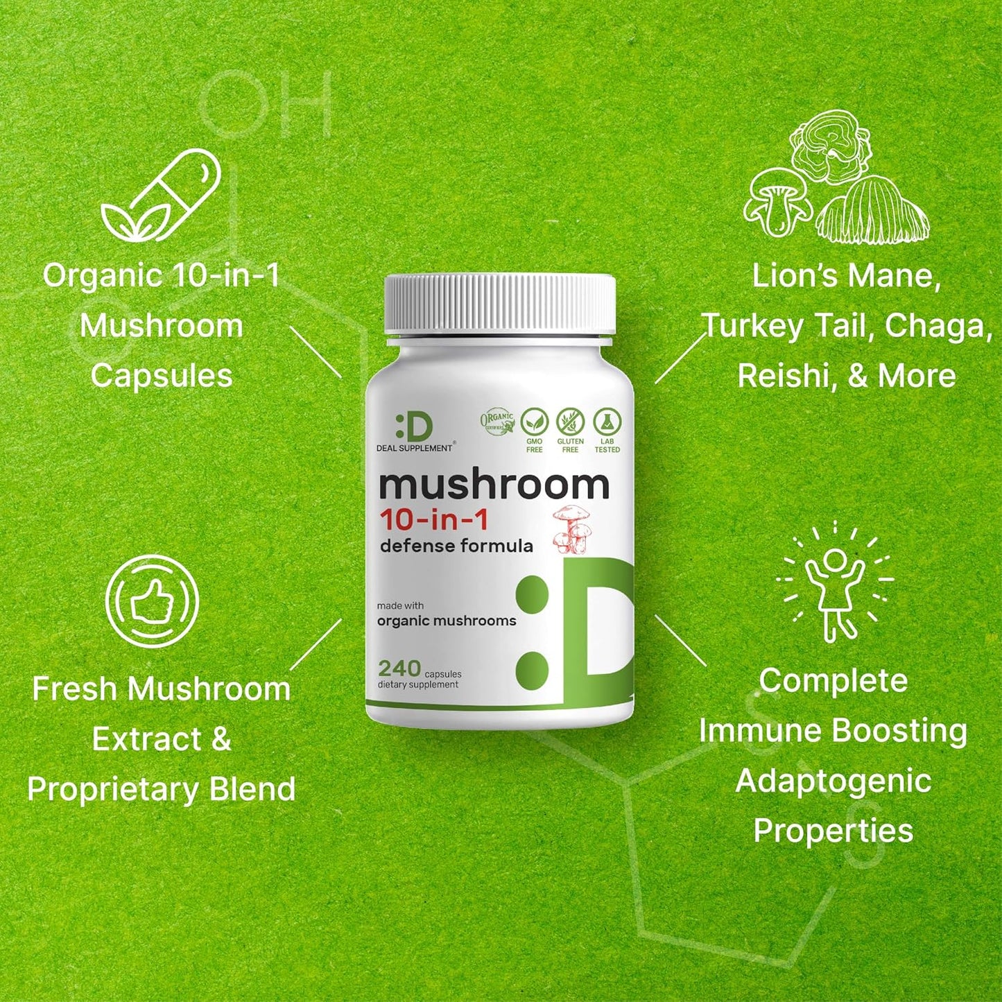 Organic 10-in-1 Mushroom Supplement, 240 Capsules – Lions Mane, Turkey Tail, Reishi, Cordyceps & More Mushroom Complex – Immune, Energy & Nootropic Brain Support – Non-GMO