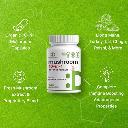 Organic 10-in-1 Mushroom Supplement, 240 Capsules – Lions Mane, Turkey Tail, Reishi, Cordyceps & More Mushroom Complex – Immune, Energy & Nootropic Brain Support – Non-GMO