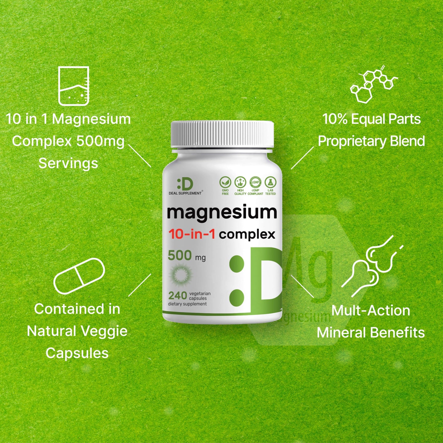 Magnesium Complex 500mg, 240 Veggie Capsules – 10-in-1 Glycinate, Citrate, Malate, Oxide, & More – 100% Chelated for Easy Absorption – Essential Mineral Supplement – Non-GMO
