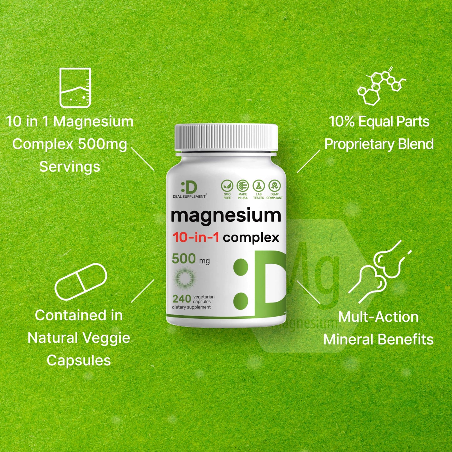 Magnesium Complex 500mg, 240 Veggie Capsules – 10-in-1 Glycinate, Citrate, Malate, Oxide, & More – 100% Chelated for Easy Absorption – Essential Mineral Supplement – Non-GMO
