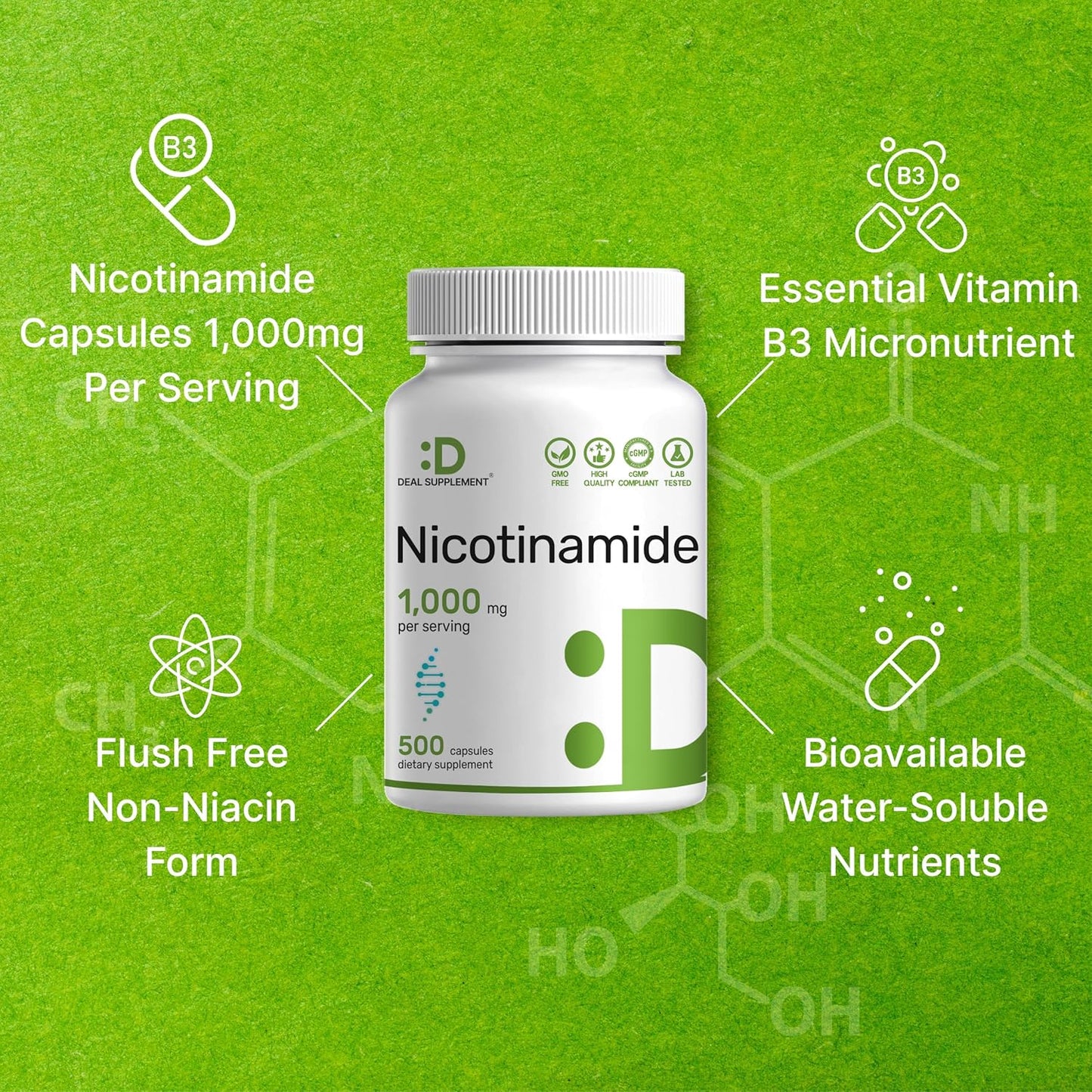 Vitamin B3 Nicotinamide 1,000mg Per Serving – 500 Capsules, Flush Free Niacin, Essential B3 – Supports Healthy Skin & Energy Production – Non-GMO