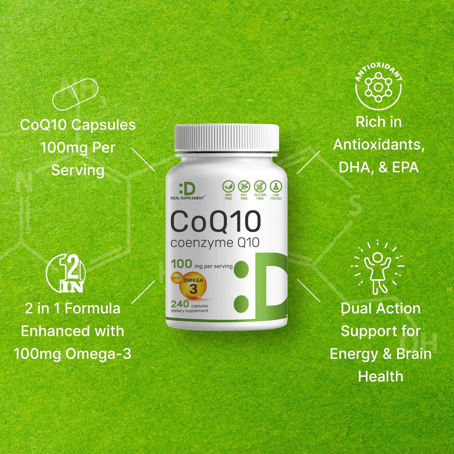DEAL SUPPLEMENT CoQ10 100mg with Omega 3 100mg, 240 Capsules | Bioavailable Coenzyme Q10 Formula | Non-GMO