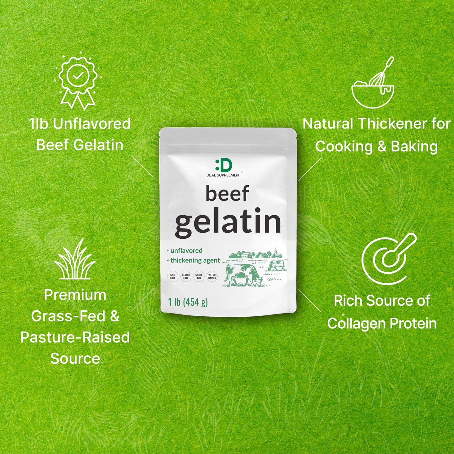 Unflavored Beef Gelatin Powder, 1lb – Grass Fed & Pasture Raised Bovine – Natural Thickener & Stabilizer for Cooking & Baking – High Collagen Protein Source – Non-GMO, Keto Friendly