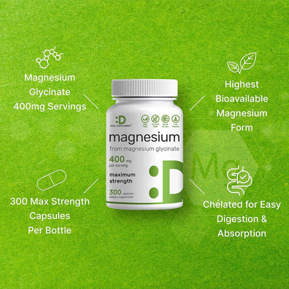 Magnesium Glycinate 400mg, 300 Capsules | 100% Chelated for Easy Absorption | Essential Mineral Supplement for Muscle, Sleep, & Heart Health*
