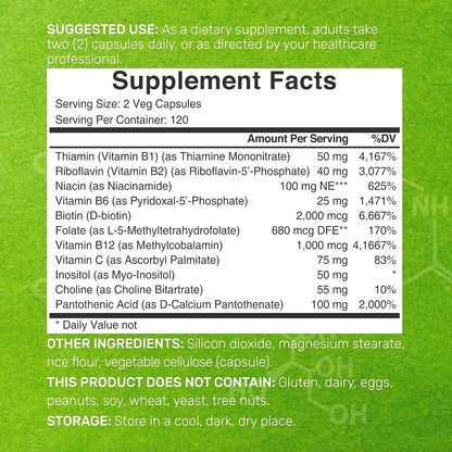 Bioactive Vitamin B Complex for Men & Women, 240 Veggie Capsules - Methylated B Complex & Esterified Vitamin C – High Potency & Easy Absorption – Immune, Energy & Metabolism Supplement – Non-GMO