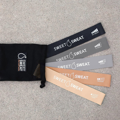 Sweet Sweat Mini Loop Resistance Bands - Set of 5 | Exercise Hip Booty Bands for Squats, Lunges, Physical Therapy, Yoga, Pilates, Rehab and Home Workout | Non-Latex Elastic Bands Includes Carry-Bag